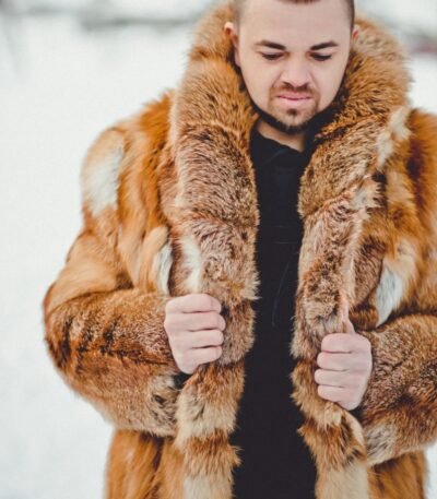 Men's Real Red Fox Fur Oversized Brown Warm Coat