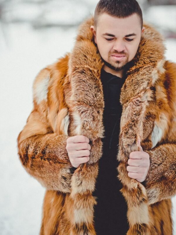 Men's Real Red Fox Fur Oversized Brown Warm Coat