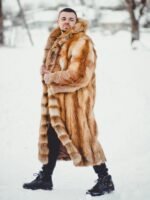 Men's Real Red Fox Fur Oversized Brown Warm Coat