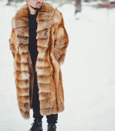 Men's Real Red Fox Fur Oversized Brown Warm Coat