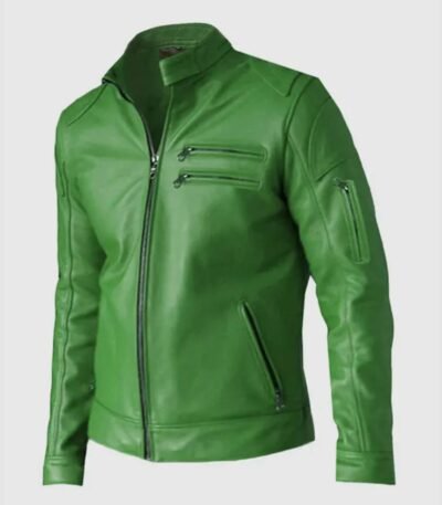 Men’s Regular Fit Party Wear Green Biker Leather Jacket