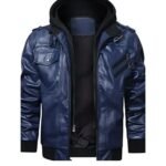 Mens Removable Hood Biker Bomber Navy Blue Jacket