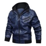 Mens Removable Hood Biker Bomber Navy Blue Jacket