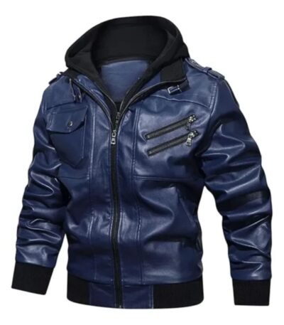 Mens Removable Hood Biker Bomber Navy Blue Jacket
