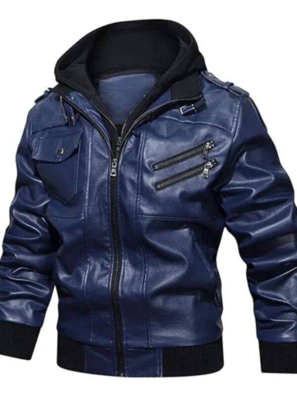 Mens Removable Hood Biker Bomber Navy Blue Jacket