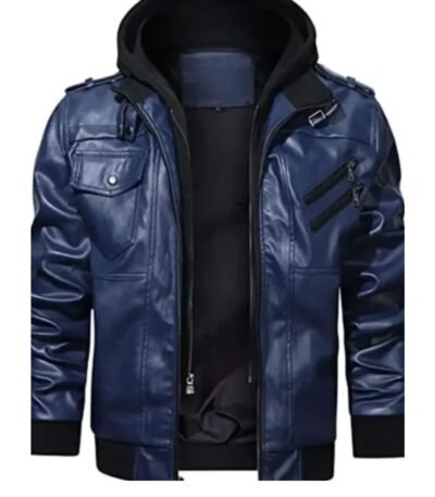 Mens Removable Hood Biker Bomber Navy Blue Jacket