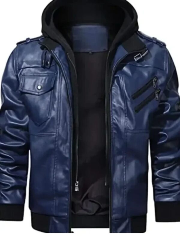 Mens Removable Hood Biker Bomber Navy Blue Jacket