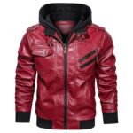 Mens Removable Hood Biker Bomber Red Leather Jacket