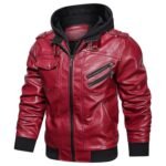 Mens Removable Hood Biker Bomber Red Leather Jacket
