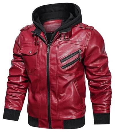 Mens Removable Hood Biker Bomber Red Leather Jacket