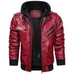 Mens Removable Hood Biker Bomber Red Leather Jacket