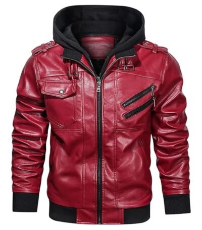 Mens Removable Hood Biker Bomber Red Leather Jacket