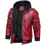 Mens Removable Hood Biker Bomber Red Leather Jacket