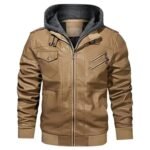 Mens Removable Hood Bomber Khaki Leather Jacket