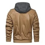 Mens Removable Hood Bomber Khaki Leather Jacket