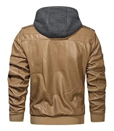 Mens Removable Hood Bomber Khaki Leather Jacket