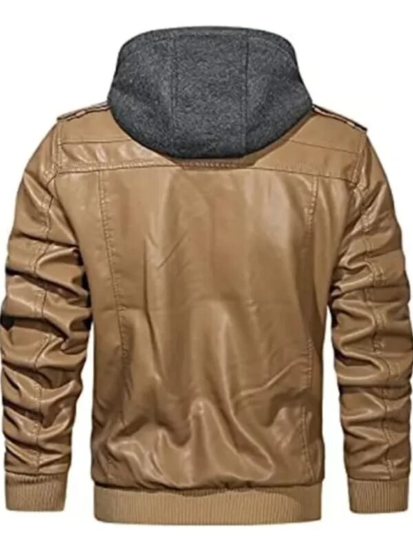 Mens Removable Hood Bomber Khaki Leather Jacket