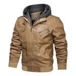 Mens Removable Hood Bomber Khaki Leather Jacket