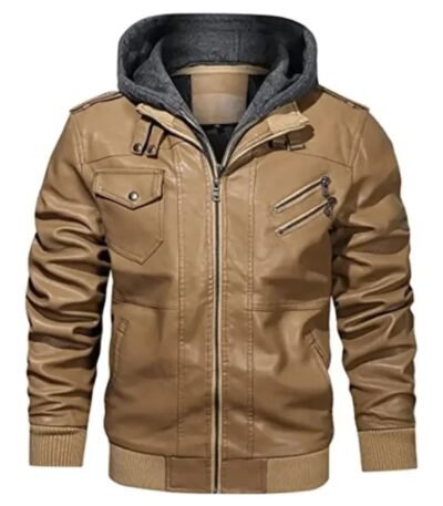 Mens Removable Hood Bomber Khaki Leather Jacket