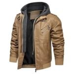 Mens Removable Hood Bomber Khaki Leather Jacket