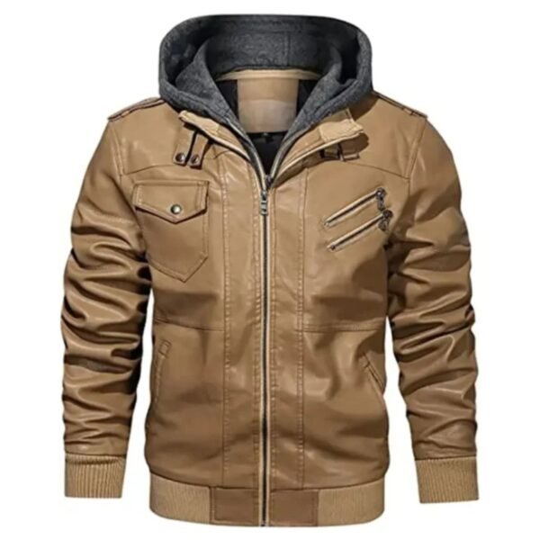 Mens Removable Hood Bomber Khaki Leather Jacket