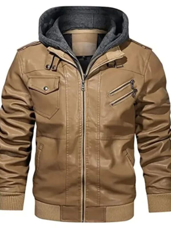 Mens Removable Hood Bomber Khaki Leather Jacket