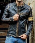 Men's Retro 3 Cafe Racer Biker Vintage Distress Black Jacket