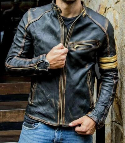 Men's Retro 3 Cafe Racer Biker Vintage Distress Black Jacket