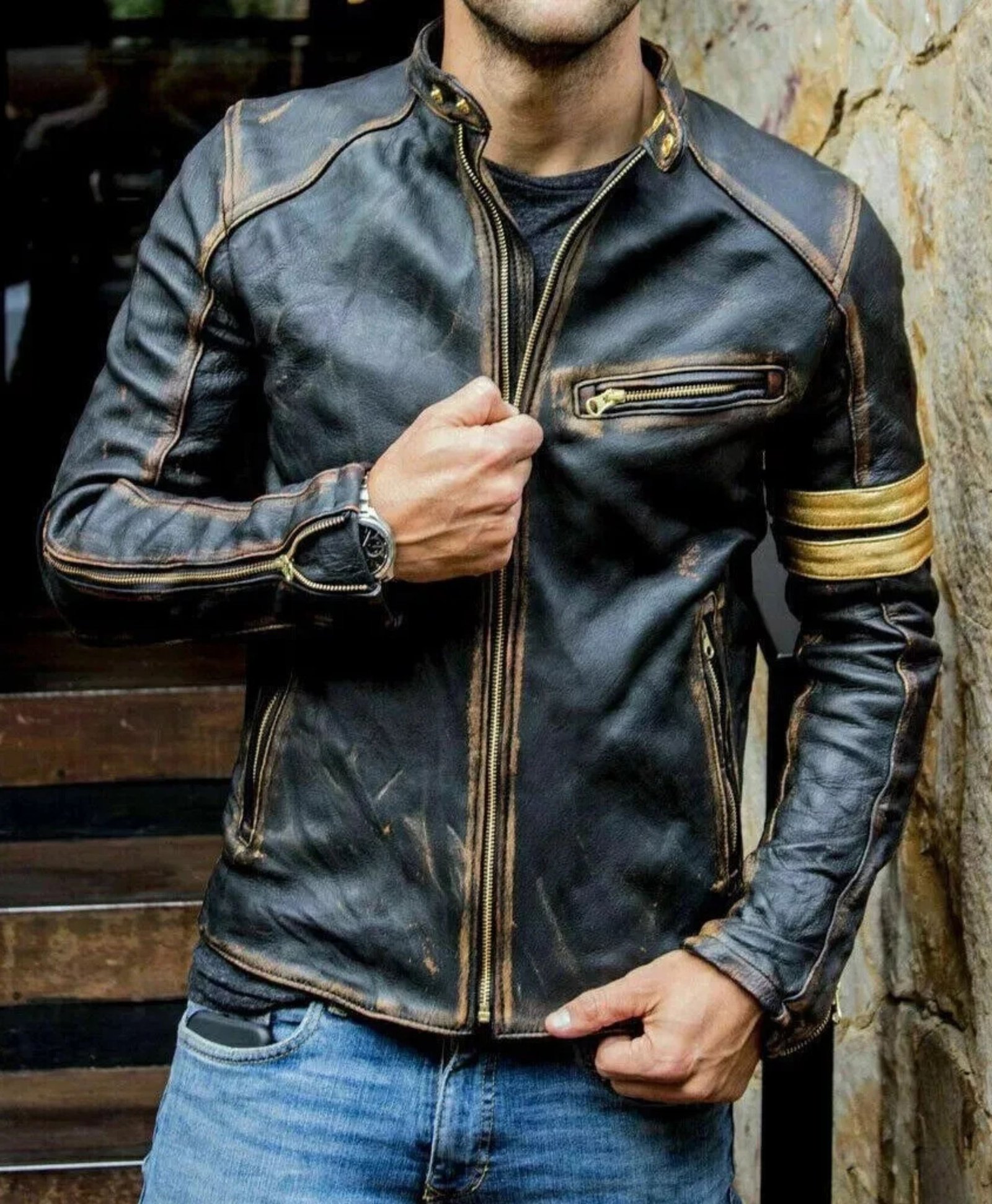 Men's Retro 3 Cafe Racer Biker Vintage Distress Black Jacket Men's Retro 3 Cafe Racer Biker Vintage Distress Black Jacket
