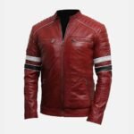 Mens Stylish Cafe Racer Style Red Leather Biker Jacket