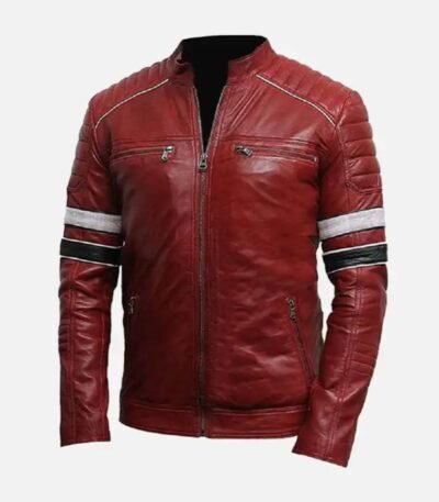 Mens Stylish Cafe Racer Style Red Leather Biker Jacket