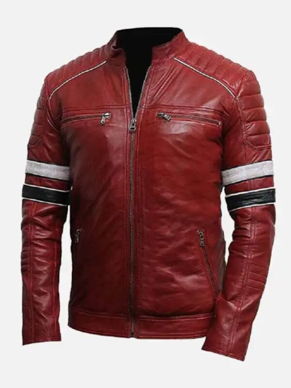 Mens Stylish Cafe Racer Style Red Leather Biker Jacket