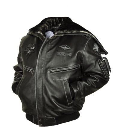 Mens Top Gun Black Zipper Hooded Bomber Leather Jacket