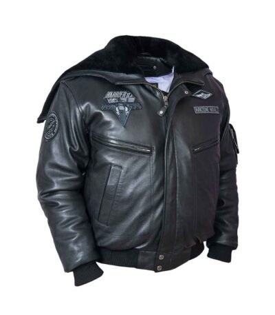 Mens Top Gun Black Zipper Hooded Bomber Leather Jacket