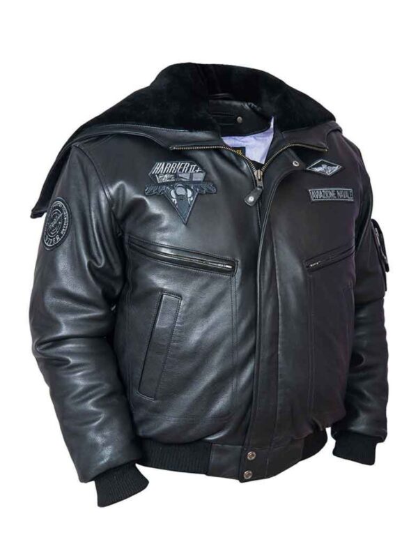 Mens Top Gun Black Zipper Hooded Bomber Leather Jacket