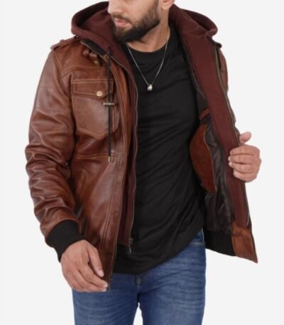 Mens Vintage Brown Cafe Racer Detach Hood Bomber Jacket