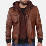 Mens Vintage Brown Cafe Racer Detach Hood Bomber Jacket