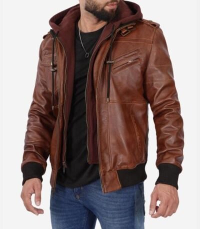 Mens Vintage Brown Cafe Racer Detach Hood Bomber Jacket