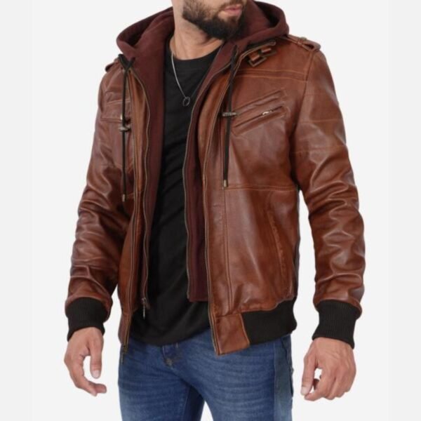 Mens Vintage Brown Cafe Racer Detach Hood Bomber Jacket