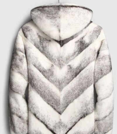 Mens White and Grey Cross Hooded Mink Fur Coat