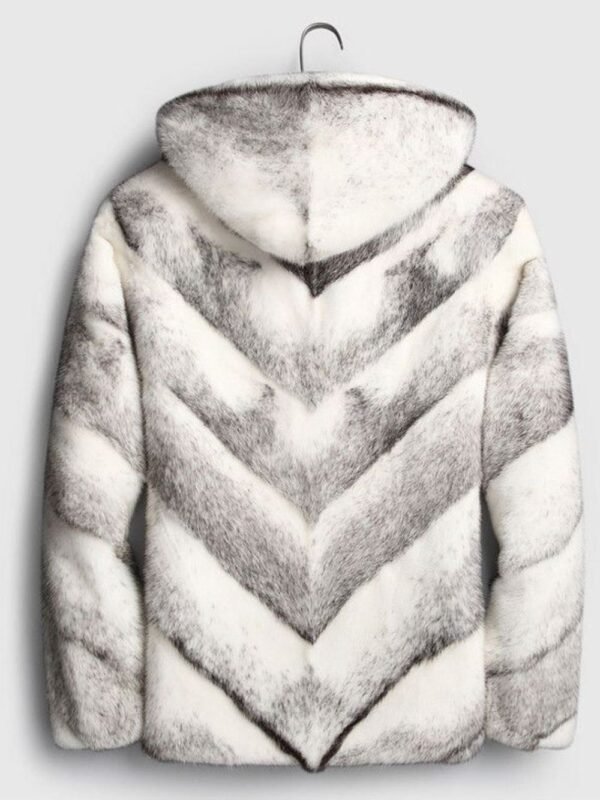 Mens White and Grey Cross Hooded Mink Fur Coat