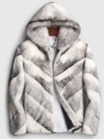 Mens White and Grey Cross Hooded Mink Fur Coat