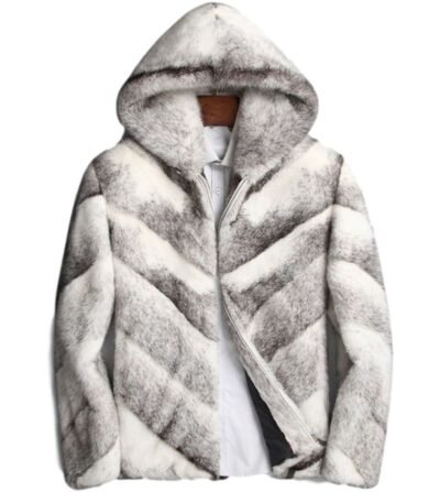 Mens White and Grey Cross Hooded Mink Fur Coat