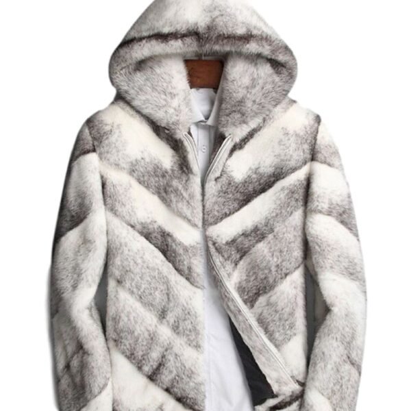 Mens White and Grey Cross Hooded Mink Fur Coat