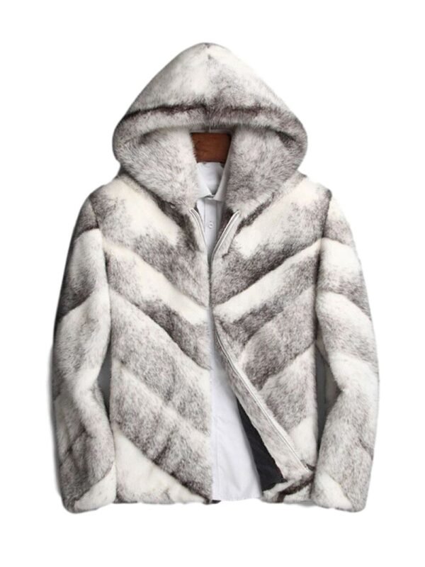 Mens White and Grey Cross Hooded Mink Fur Coat