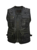 Mens Workwear Black Leather Safari Vest