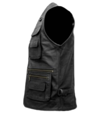 Mens Workwear Black Leather Safari Vest