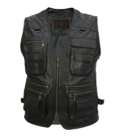 Mens Workwear Black Leather Safari Vest
