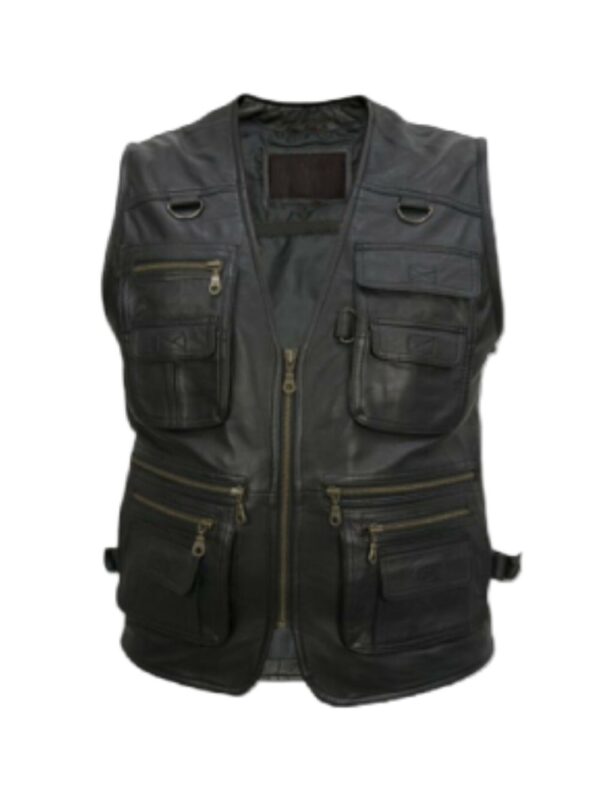 Mens Workwear Black Leather Safari Vest