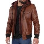 Mens and Womens Biker Bomber Brown Leather Hooded Jacket